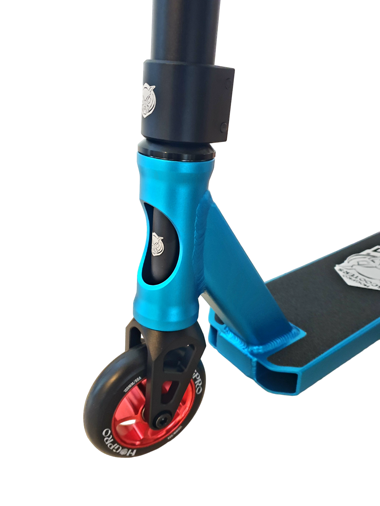 HogPro P1 stunt scooter, Y-bar, Blue deck with 100mm red core wheels (Rainbow Grips)