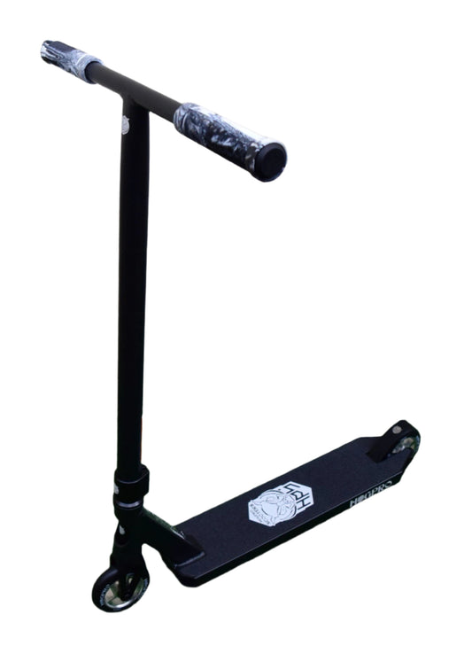 HogPro P2 stunt scooter, T-bar,  Black deck with 100mm silver core wheels (Black/White Grips)