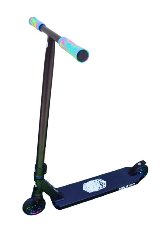 HogPro P2Ten stunt scooter, T-bar, Black deck with 110mm neo chrome wheels (Rainbow Grips)