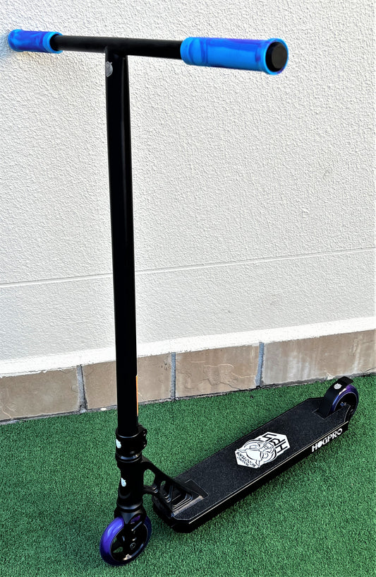 HogPro SP3 stunt scooter, T-bar, Black forged deck with 110mm black core wheels (Blue/Purple Grips)