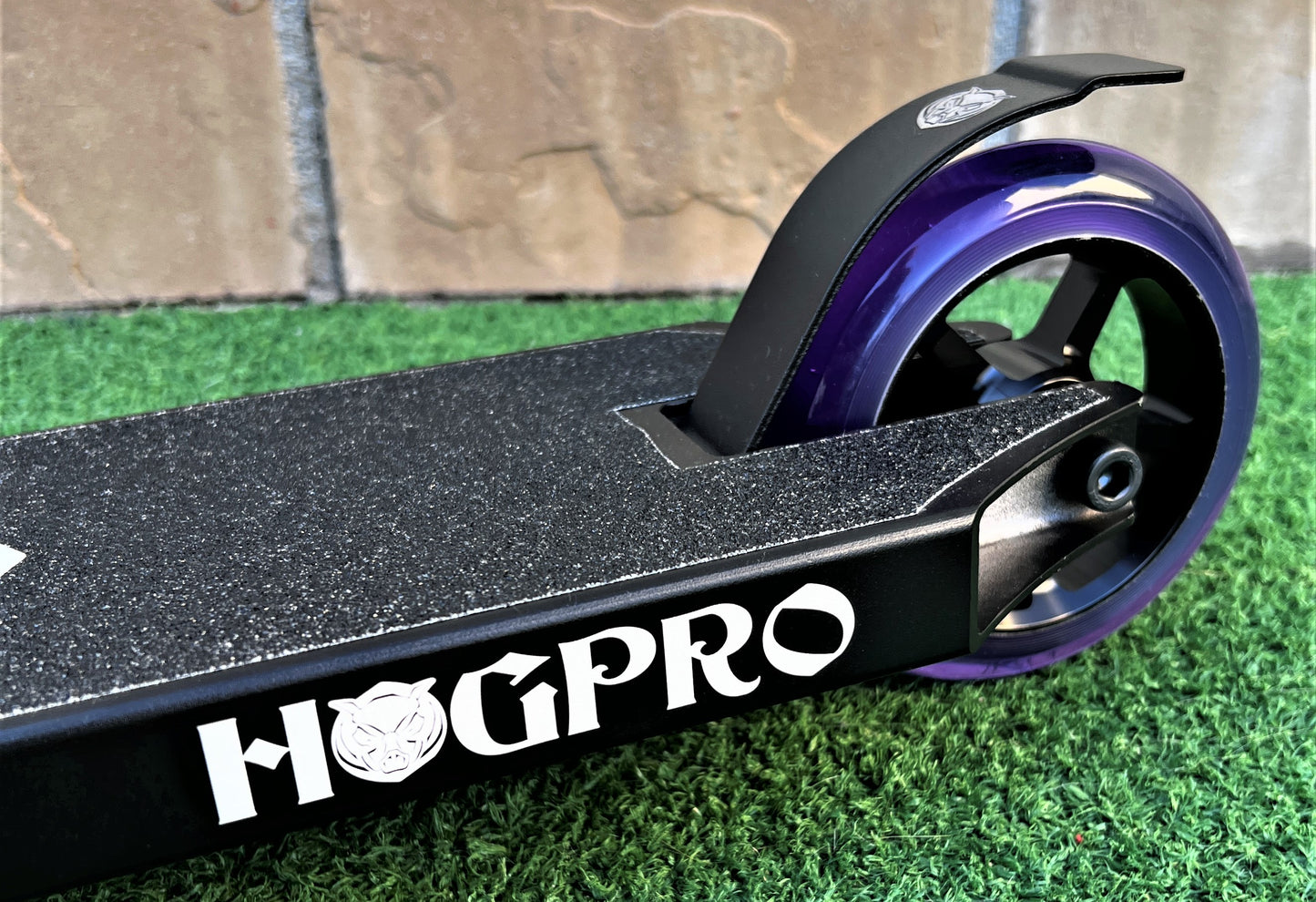 HogPro SP3 stunt scooter, T-bar, Black forged deck with 110mm black core wheels (Blue/Purple Grips)