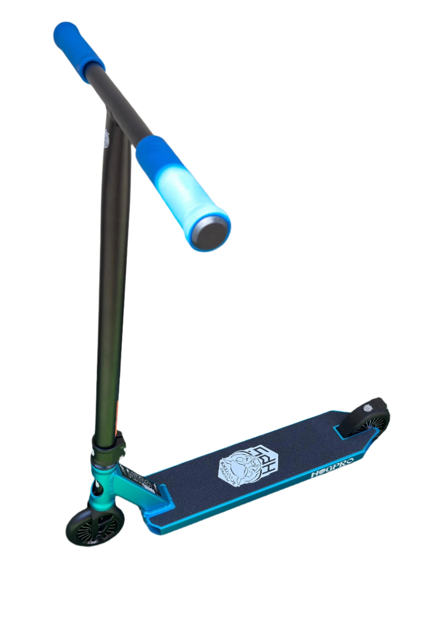 HogPro P1Ten stunt scooter, T-bar, Blue deck with 110mm chrome 20 spoke wheels (Blue Grips)