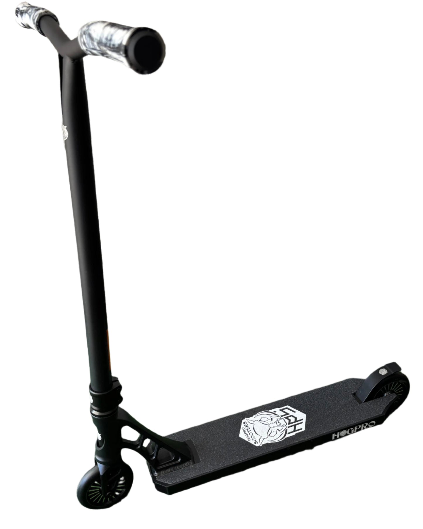 HogPro SP3 stunt scooter, Y-bar, Black forged deck with 110mm 20 spoke wheels (Black/White Grips)