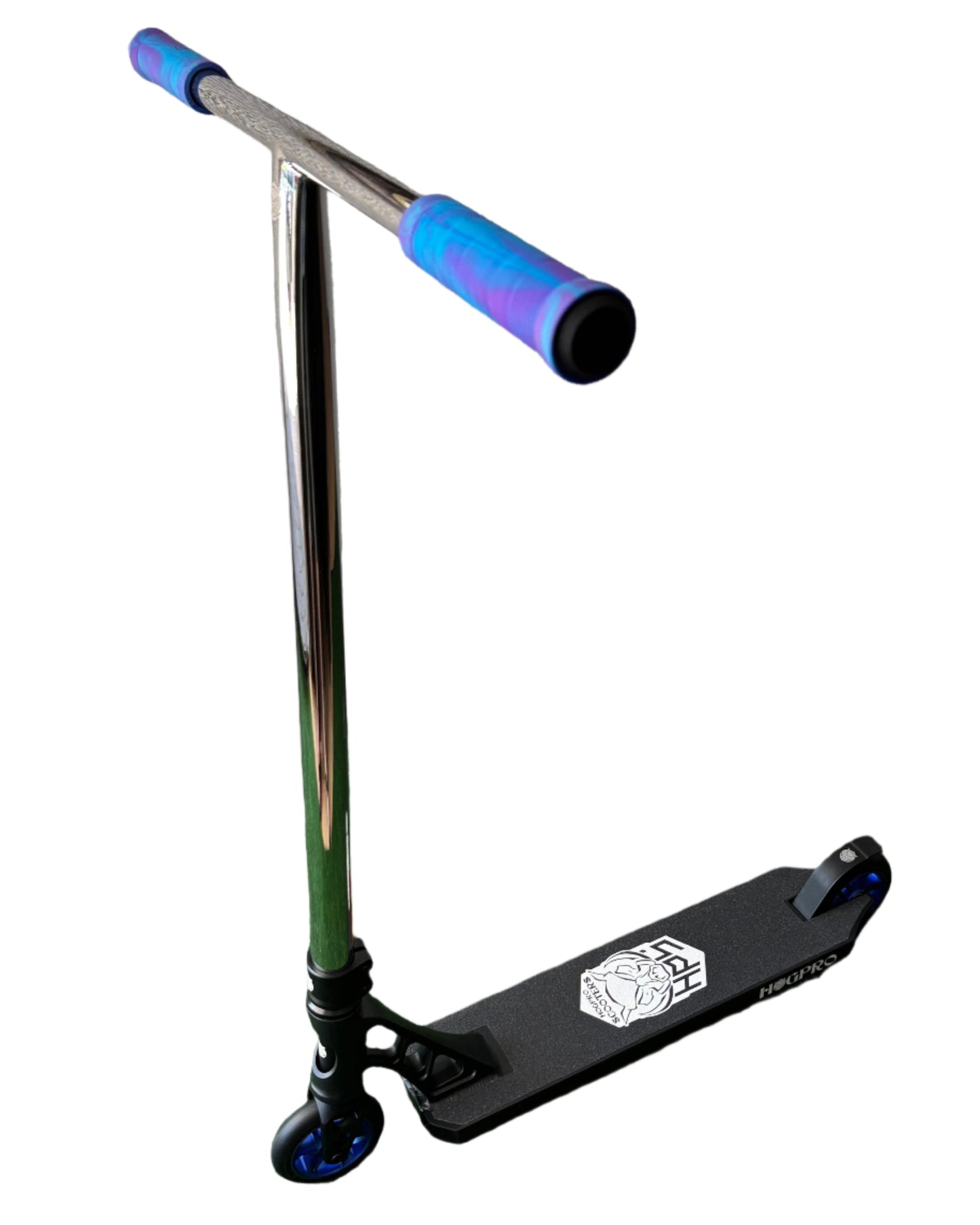 HogPro SP3 stunt scooter, Chrome T-bar (Taller), Black forged deck with 110mm blue wheels (Blue/Purple Grips)