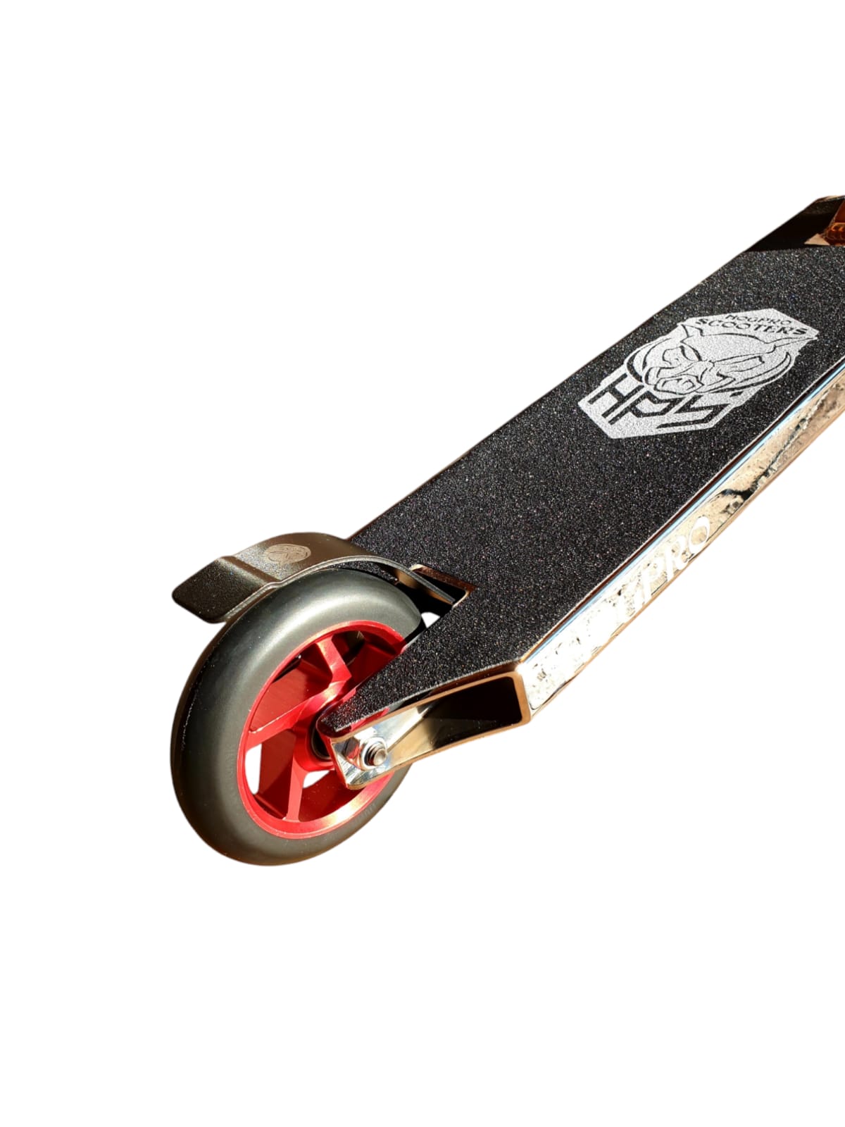 HogPro SP4 stunt scooter, Titanium Y-bar, Chrome deck with 110mm red core wheels (Mixed Grips)