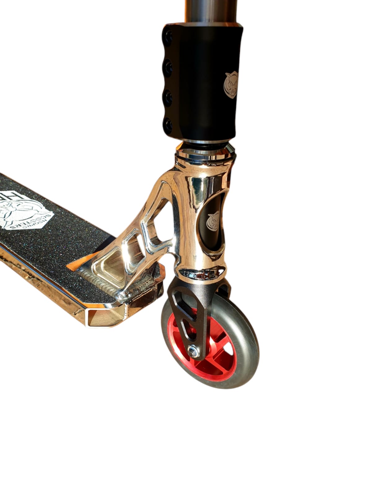 HogPro SP4 stunt scooter, Titanium Y-bar, Chrome deck with 110mm red core wheels (Mixed Grips)