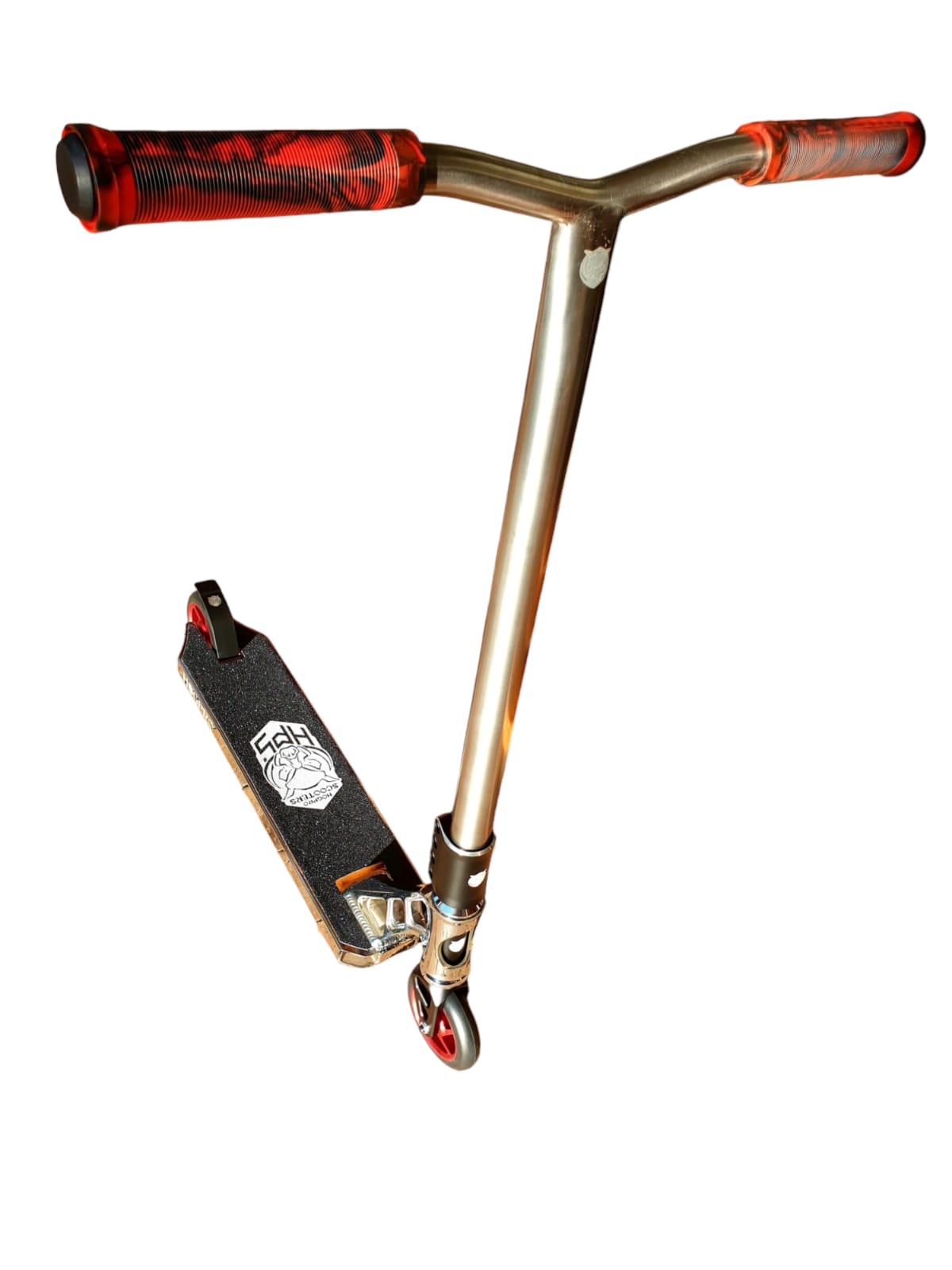 HogPro SP4 stunt scooter, Titanium Y-bar, Chrome deck with 110mm red core wheels (Mixed Grips)