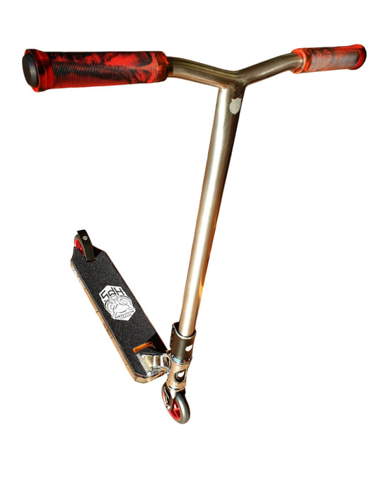 HogPro SP4 stunt scooter, Titanium Y-bar, Chrome deck with 110mm red core wheels (Mixed Grips)