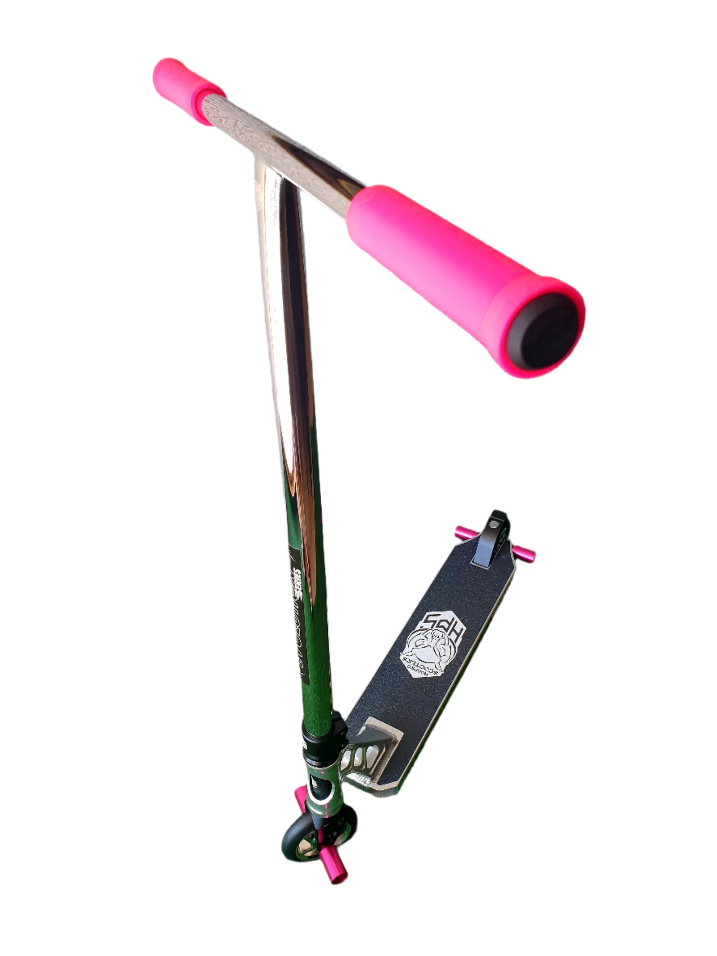 HogPro SP2 stunt scooter, chrome T-bar (Taller), Raw polished deck with 110mm chrome wheels (Pink Grips & pegs)