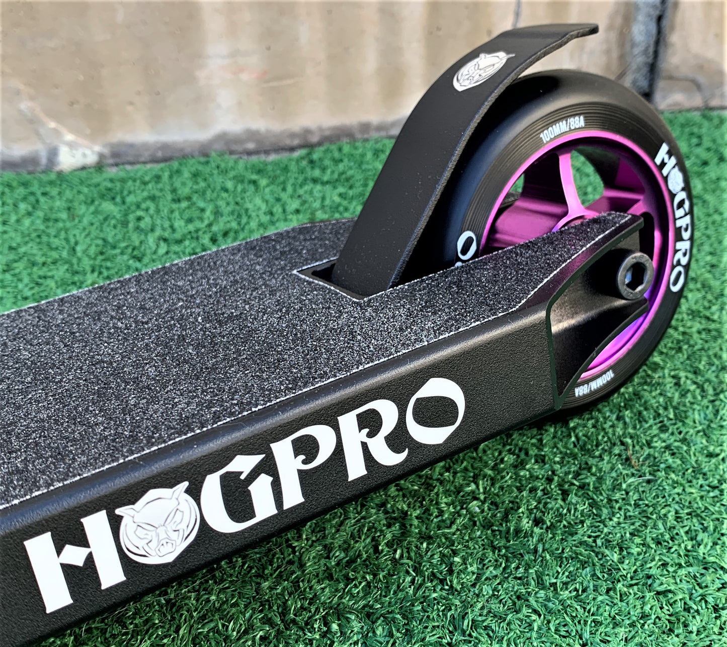 HogPro P2 stunt scooter, T-bar, Black deck with 100mm purple core wheels (Black Grips)