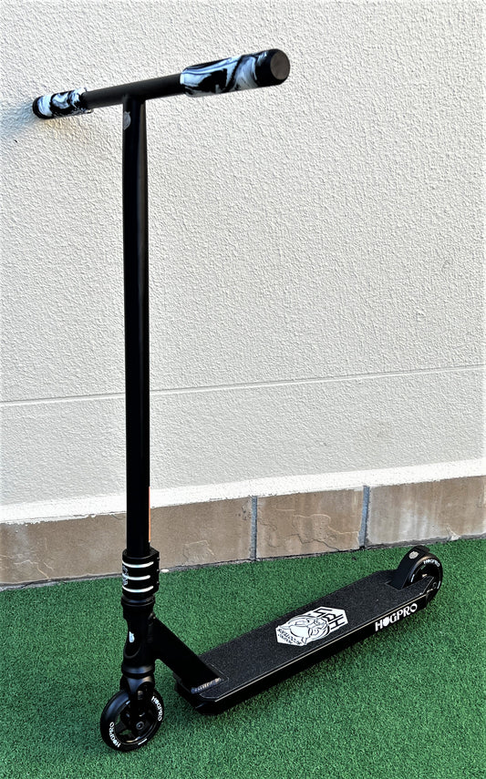 HogPro P2 stunt scooter, T-bar (Taller) , Black deck with 100mm black core wheels (Black/White Grips)